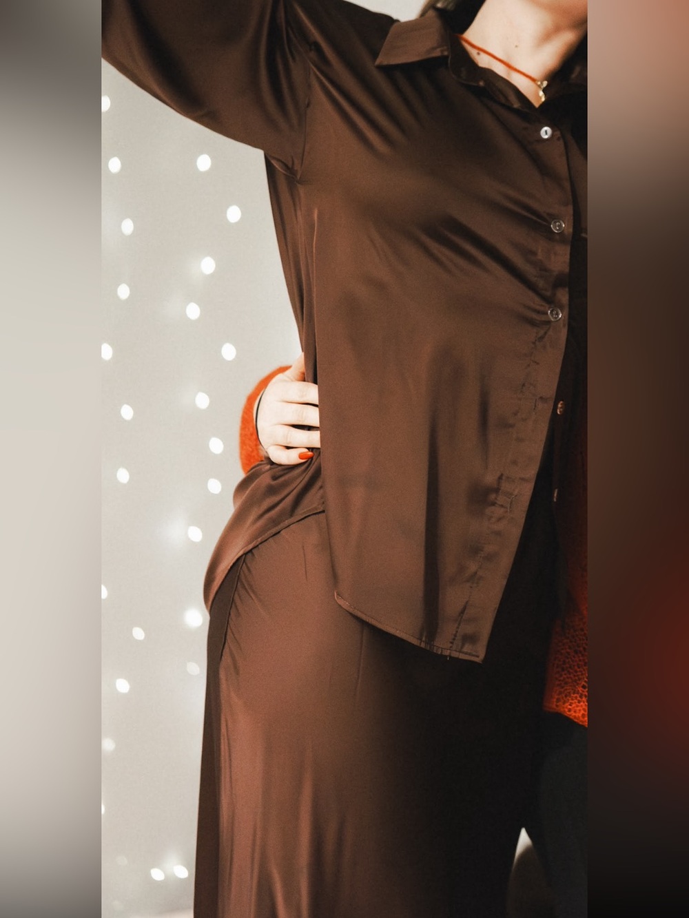 Satin Brown Button-Up Blouse